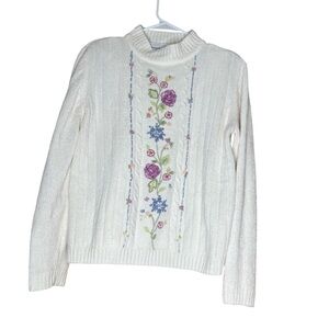 Alfred Dunner off-white Floral Embroidered pullover granny sweater Medium P